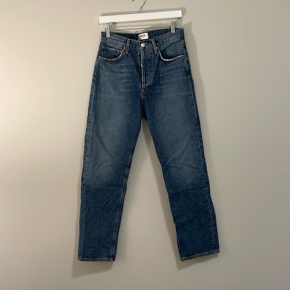 Agolde High Rise Straight Leg Jeans in Dark Blue Wash